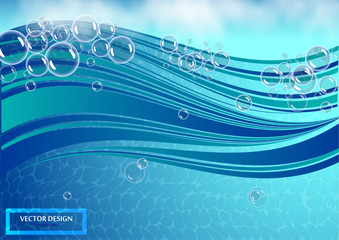 Many bubbles in clear bright water. Abstract wave, underwater background, fluffy clouds.