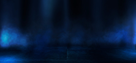 Obraz premium Background of empty dark room, street. Concrete floor, asphalt, neon light, smoke, spotlight 