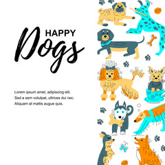 Vector illustration with hand drawn sketch style cute doggies. Place for  text. Banner for pet shop, invitation, dog cafe, show, grooming, flyers.