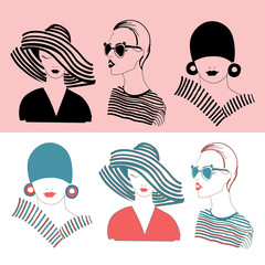 Vector set of fashion girls in stylish looks in black and color