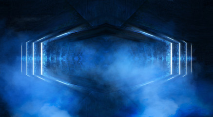 Dark blue foggy tunnel, corridor. Abstract blue background with rays and lines. Empty stage, night view. 3D illustration.
