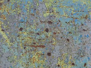 Colored old vintage rust metal wall background with damaged and scratched paint surface 
