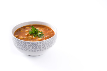 Harira soup in bowl isolated on white background. Typical Moroccan food. Ramadán concept. Copyspace