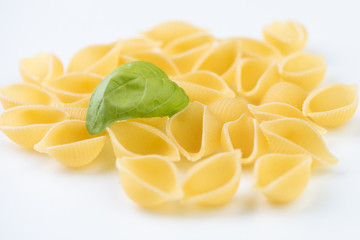 Raw pasta on white surface