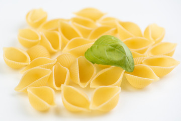 Raw pasta on white surface