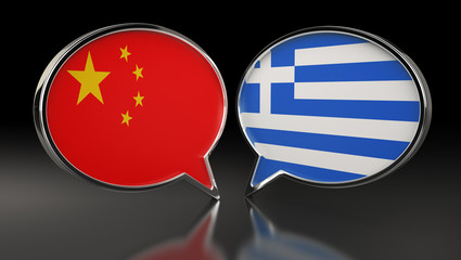 China and Greece flags with Speech Bubbles. 3D Illustration