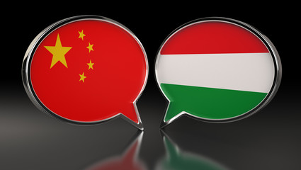 China and Hungary flags with Speech Bubbles. 3D Illustration