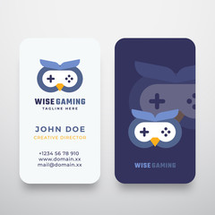 Wise Gaming Abstract Vector Sign or Logo and Business Card Template. Premium Stationary Realistic Mock Up. Flat Style Gamepad Icon Incorporated in an Owl Face
