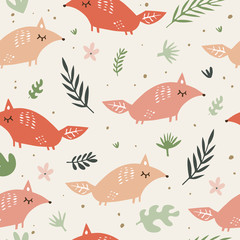 Materiał do szycia Cute foxes seamless pattern. Orange foxes on floral background. Good for print, wrapping paper, textile, fabrics, wallpaper, decor