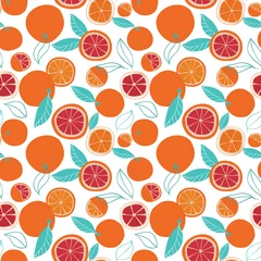 Gordijnen Vector kleurrijke smakelijke trendy sinaasappelen naadloze patroon op witte achtergrond. Gebruik voor stofcollecties, oppervlaktepatroonontwerpen, print-on-demand-producten. Perfect voor textielontwerp en prints. © eulaliamejia