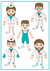 A set of cute doctors. Isolated on white background. Vector illustration.