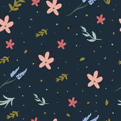 Beauty floral pattern vector image, clip art. Adorable wildflowers on dark background. Hand draw texture