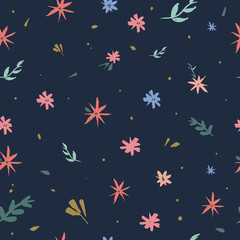 Beauty floral pattern vector image, clip art. Adorable wildflowers on dark background. Hand draw texture