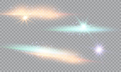 Glow light effect. Vector illustration. Christmas flash Concept. Vector illustration of abstract flare light rays. Sunrise, dawn. Vector transparent sunlight. Special lens flare light effect