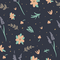 Beauty floral pattern vector image, clip art. Adorable wildflowers on dark background. Hand draw texture