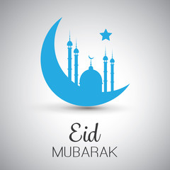 Naklejka premium Ramadan Kareem or Eid Mubarak - Greeting Card Design for Muslim Community Festival with Blue Mosque and Crescent Moon 