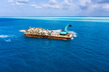 Aerial view, plastic garbage, garbage - disposal. Waste transportation with an excavator, South Male Atoll Maldives, Asia