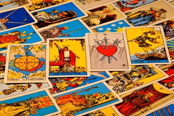 Tarot cards, the mysterious background of ancient symbols.  Tarot cards, for divination, prediction prediction of the past, the future. Tarot cards are signs and symbols of occult secret knowledge and