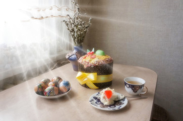Easter table: cake, cottage cheese, eggs.  Willow in vase.