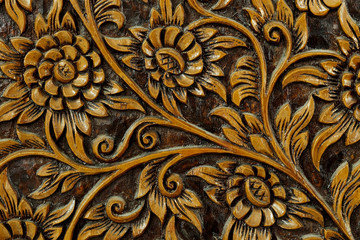 Texture of flower art on wood sculpture, unique special design handmade wood work, making furniture, decorative or souvenir, important export product of Thailand, popular gift for foreigner in market