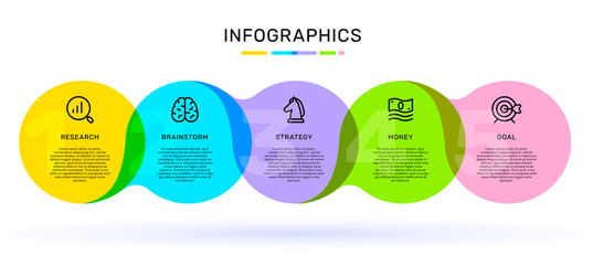 Vector infographic template with connected bright color label options and steps with business icons, words, text on white background.