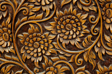 Texture of flower art on wood sculpture, unique special design handmade wood work, making furniture, decorative or souvenir, important export product of Thailand, popular gift for foreigner in market