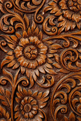Texture of flower art on wood sculpture, unique special design handmade wood work, making furniture, decorative or souvenir, important export product of Thailand, popular gift for foreigner in market