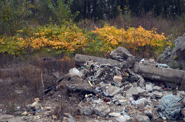 Ecology of Ukraine. Nature near Ukrainian capital.Environmental contamination. Illegal junk dump. Near Kiev, Ukraine