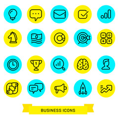 Vector set of simple business graphic color icon isolated on white background. Collection of marketing, startup, communication, idea icon.