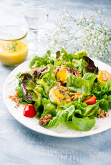 Traditioneller deutscher Sommer Salat mit Blattsalat,  Ziegenkäse und Mango Dressing als closeup auf einem Teller auf einem gedeckten Tisch