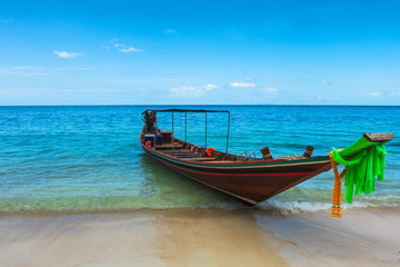 Naklejka na ściany i meble Long boat and tropical beach, Andaman Sea, Thailand