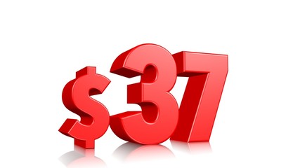 37$ price symbol. red text 3d  render with dollar sign on white background