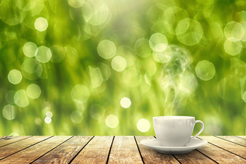 hot coffee on the table on a winter background