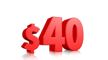 40$ price symbol. red text 3d  render with dollar sign on white background