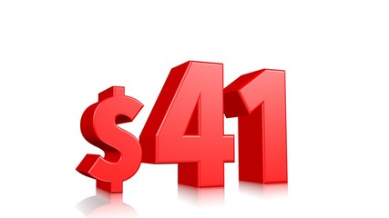 41$ price symbol. red text 3d  render with dollar sign on white background