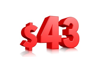 43$ price symbol. red text 3d  render with dollar sign on white background