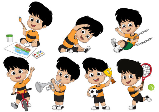 Set of kid activity,kid painting a picture,doing an exercise,playing a tennis,riding a bicycle,playing a trumpet, playing a swing,playing a soccer.