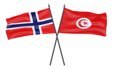 Norway and Tunisia, two crossed flags isolated on white background. 3d image