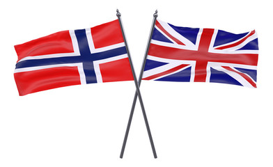 Norway and United Kingdom, two crossed flags isolated on white background. 3d image
