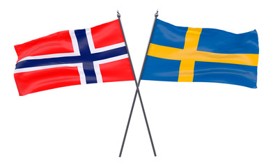 Norway and Sweden, two crossed flags isolated on white background. 3d image