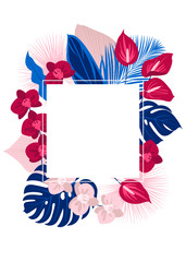 Fototapeta premium Tropical leaves and flowers, square frame