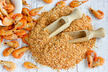 Shrimp powder, prawn powder - homemade spicy seasoning from dried and crushed shrimp shells for fish dishes