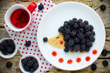 Fun and healthy breakfast for kids - edible hedgehog from pancake with peanut butter and fresh blackberry,  animal shaped food art idea