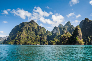 Beautiful nature rock mountains cliff and blue emerald water color lake river with blue clear sky...
