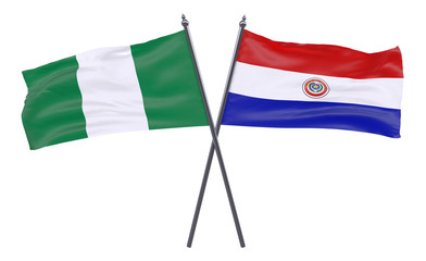 Nigeria and Paraguay, two crossed flags isolated on white background. 3d image