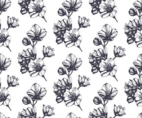 Vector Awesome jasmine flowers. Hand drawn ink illustration. Wallpaper or fabric design.