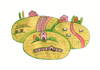 Hand drawn watercolor illustration. Cute round shaped landscapes with houses trees and animals.