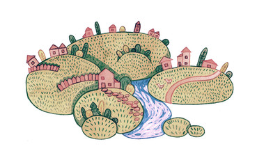  Hand drawn watercolor illustration. Cute round shaped landscapes with houses trees and animals.