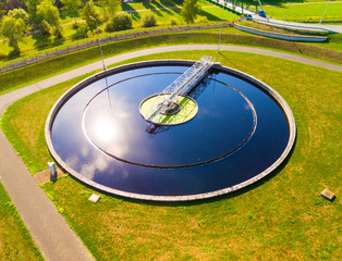 Aerial view to sewage treatment plant. Grey water recycling. Waste management in European Union.