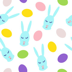 Seamless pattern. Bunnys and eggs. Easter illustration. White background. Fun holiday background. Doodle style. Vector illustration